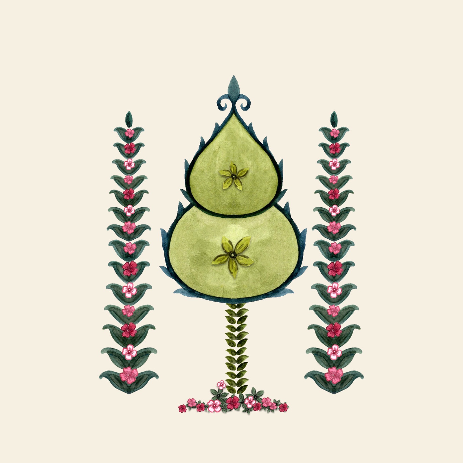 Hand-painted botanical motif — three flowering trees